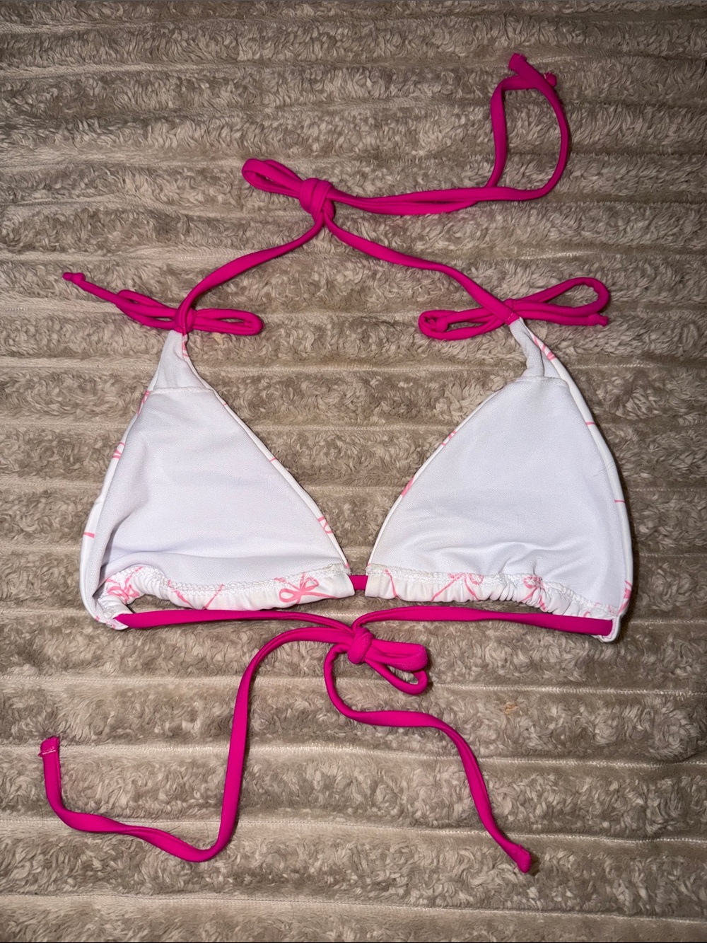 White & Hot Pink Bow Print Triangle Bikini Top - Picture 3 of 7